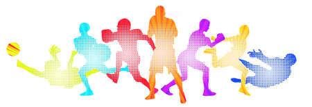 Sport collage made of drawing sportsmen with bright fluid colors isolated on white studio...