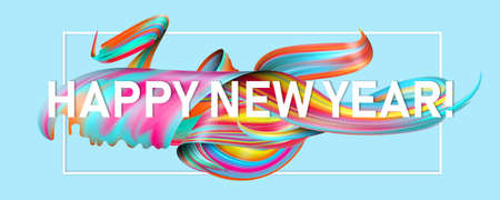 Happy New 2021 Year. Holiday wavy fluid multicolored lines and lettering on blue background, horizontal flyer. Winter celebration mood, greeting card or offer in modern and stylish design.の写真素材