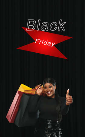 Beautiful woman inviting for shopping in black friday, sales concept. Vertical flyer. Cyber monday and online purchases, negative space for ad. Finance and money. Dark background with lettering.の写真素材