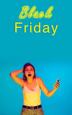 Beautiful woman inviting for shopping in black friday, sales concept. Vertical flyer. Cyber monday...