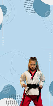 Karate, taekwondo girl with black belt isolated on blue background with geometric design, vertical flyer with copyspace. Little kid training in motion and action. Sport, movement, childhood concept.の写真素材
