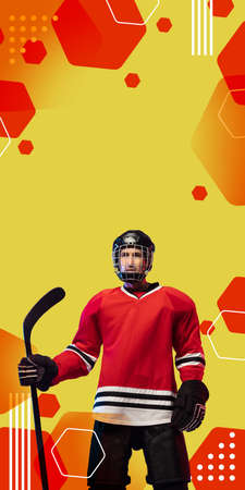 Activity. Male hockey player with the stick orange-red geometric styled background. Vertical flyer with copyspace for ad, smm. Concept of sport, healthy lifestyle, motion, movement, action.の写真素材