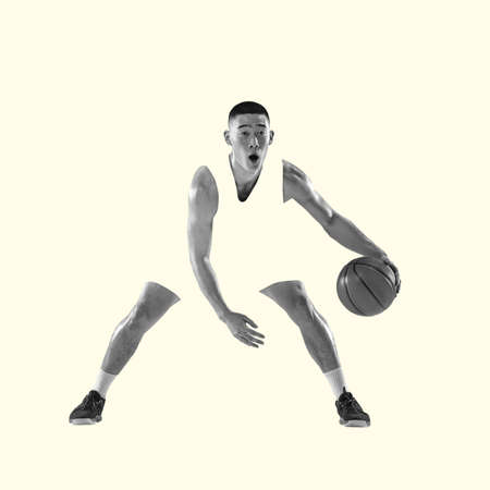 Basketball player. Young asian sportsman isolated on studio background, modern artwork. Healthy lifestyle, movement, action, motion, advertising and sports concept. Abstract trendy design.の写真素材