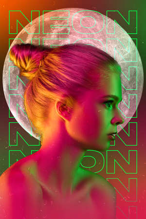 Profile view, inspired. Beauty and fashion concept, trendy neoned poster with beautiful caucasian...