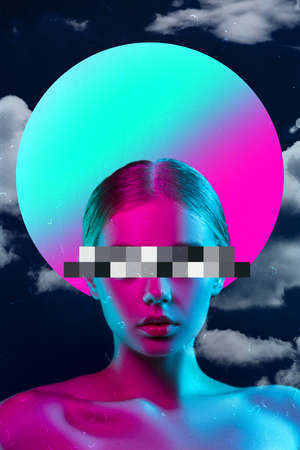 Moon and midnight. Beauty and fashion concept, trendy neoned poster with beautiful caucasian woman....