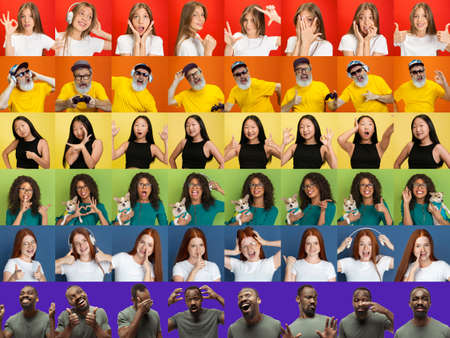 Freedom. Collage of portraits of multiethnic, mixed age group of men and women forming a pride flag with bright colors. Concept of human rights, LGBTq, equality, human emotions, facial expression.の写真素材