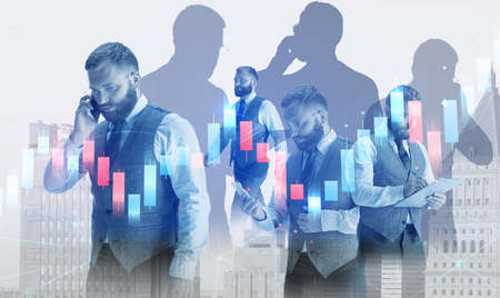 Businessmen talking phone in modern city with double exposure of business people and network...