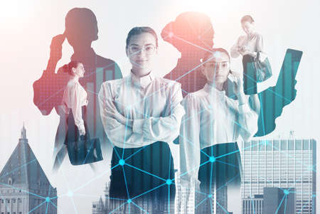 Confident businesswoman in modern city with double exposure of business people and network interface. Concept of connection and partnership, teamwork, communication, cooperation and success.の写真素材