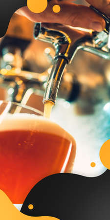 Hand of bartender, barman pouring a large beer in tap. Vertical banner, flyer for ad. Concept of alcohol, nightlife, entertainment, drinks and festivals. Copyspace on designblocks for your offer.の写真素材