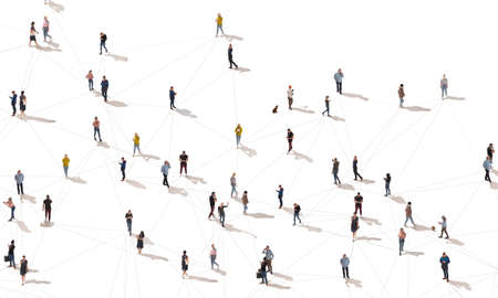 Aerial view of crowd people connected by lines, social media and communication concept. Top view of men and women isolated on white background with shadows. Staying online, internet, technologies.の写真素材