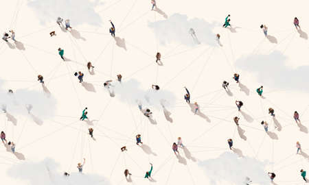 Aerial view of crowd people connected by lines, social media and communication concept. Top view of...