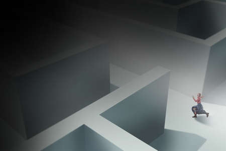 Young woman, office clerk without head wandering in a maze. Contemporary art collage. Inspiration,...