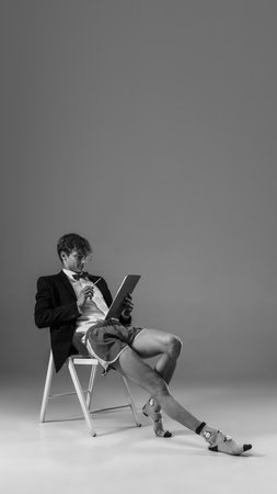 Report. Young fashionable, stylish man wearing jacket and socks working from home. Fashion during insulation cause of coronavirus pandemic. Half business and half home style. Black and white.の写真素材