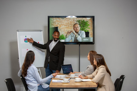 Leader. Young people talking, working in videoconference with colleagues, co-workers at office or...