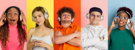 Collage of portraits of 5 young emotional people on multicolored studio background. Multiethnic. Concept of human emotions, facial expression, sales. Astonished and delightful listening to music.の写真素材