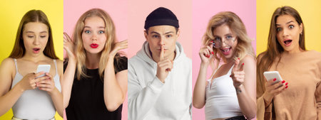 Collage of portraits of 5 young emotional people on multicolored studio background. Caucasian. Concept of human emotions, facial expression, sales. Scrolling phone, astonished, smiling, whispering.の写真素材