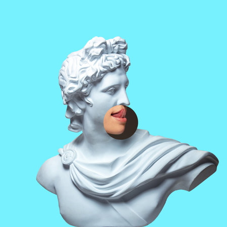 Collage with plaster head model, statue and male portrait isolated on blue background. Negative space to insert your text. Modern design. Contemporary colorful and conceptual bright art collage.の写真素材