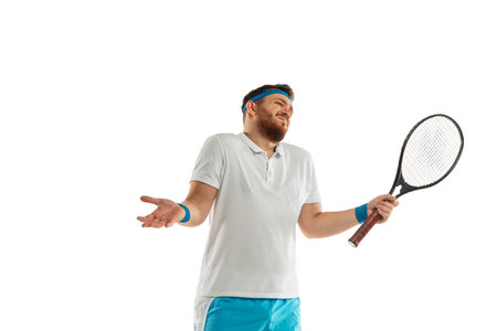 Happens. Highly tensioned game. Funny emotions of professional tennis player isolated on white studio background. Excitement in game, human emotions, facial expression and passion with sport concept.の写真素材