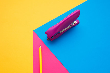 Stationery in bright pop colors with visual illusion effect, modern art. Collection, set for education. Copyspace for ad. Youth culture, stylish things around us.の写真素材