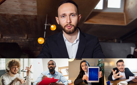 Report. Headshot screen, application view of diverse employees have work web conference using modern...