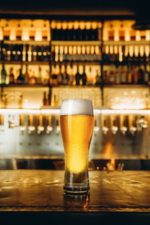Ad. Full glass of light lager beer with drops on the side, wooden table in warm light of bar. Alcohol, entertainment, traditional drinks, Oktoberfest atmosphere concept. Modern bar, vertical crop.の写真素材