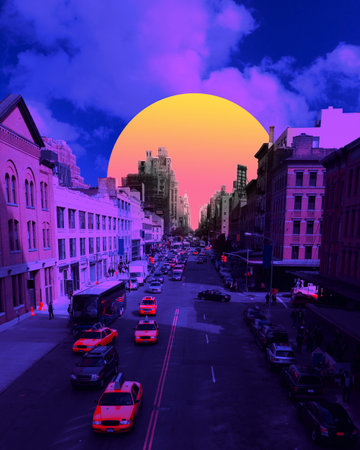 Sunset. Cityscape in bright colors. Trendy neon lighted background, wallpaper with copyspace for ad....