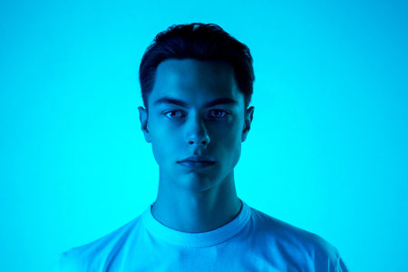 Night. Handsome caucasian mans portrait isolated on blue studio background in neon, monochrome....