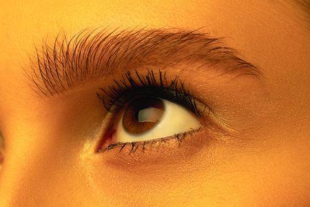 Eyes on. Beautiful east woman close up portrait in golden colored neon light, monochrome. Details,...