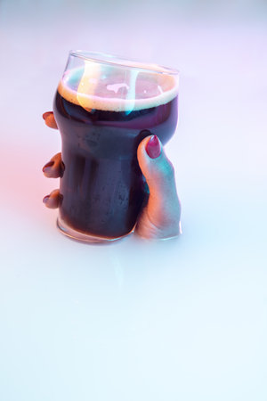 Touch. Close up female hand gesturing from the milk bath with soft white glowing in neon light....