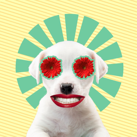 Smiling beauty, spring. Puppy with eyes as flowers and female mouth. Copyspace. Modern design. Contemporary art. Creative conceptual and colorful collage surrealism style. Yellow background.の写真素材