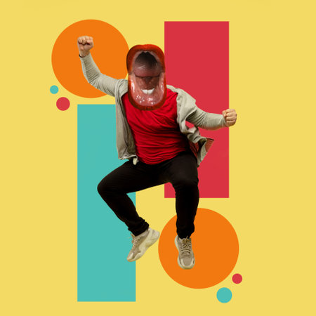 Goal. High jumping man headed by big shouting mouth. Copyspace. Modern design. Contemporary art. Creative conceptual and colorful collage surrealism style. Yellow background with geometryの写真素材