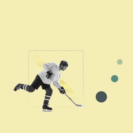 Hockey player training passioned on yellow geometry designed background. Copyspace. Modern design. Contemporary art. Creative conceptual and colorful collage surrealism style. Motion, action, sportの写真素材