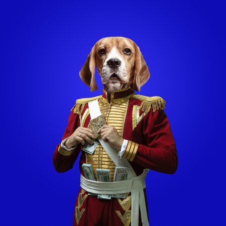 Model like medieval royalty person in vintage clothing headed by dog head on deep blue background. Concept of comparison of eras, artwork, renaissance, baroque style. Creative collage.の写真素材