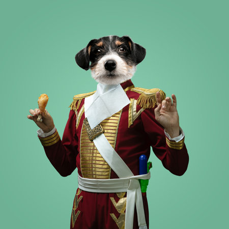 Model like medieval royalty person in vintage clothing headed by dog head on pastel green...
