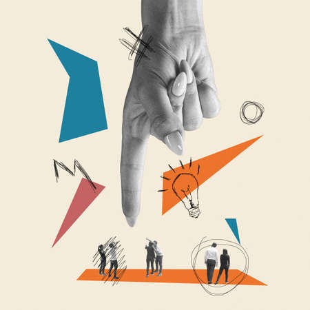 Only ideas can safe the world. Huge female hand choosing people. Modern design, contemporary art collage. Inspiration, idea, trendy urban magazine style. Negative space to insert your text or ad.の写真素材