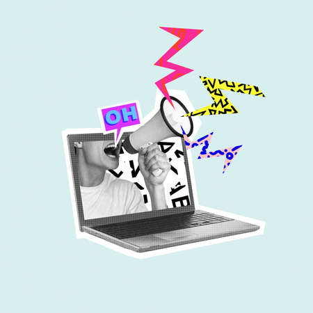 Shouting out your own thoughts online. Man with megaphone in laptop. Modern design, contemporary art...