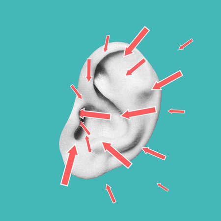 Getting fresh information every second. Arrows in human ear. Modern design, contemporary art...