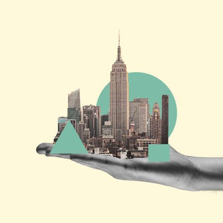 All the city on human palm. Unrecognizable man holding megapolis. Modern design, contemporary art collage. Inspiration, idea, trendy urban magazine style. Negative space to insert your text or ad.の写真素材