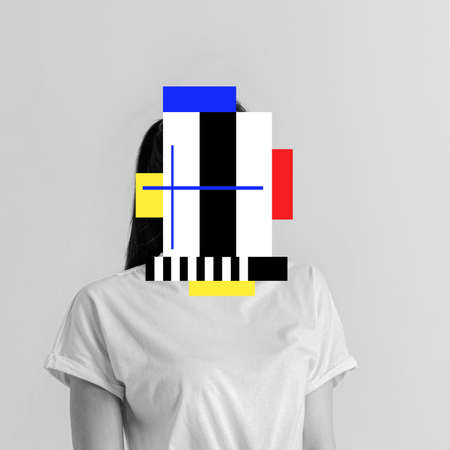 Error. Hard to generate thoughts. Female body with geometry on head. Modern design, contemporary art...