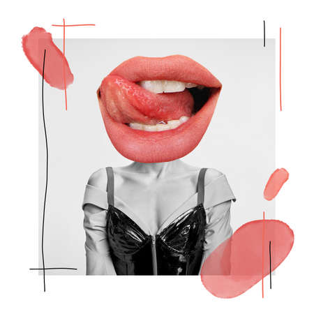 Playful mood. Female body with big mouth and tongue sticking out. Modern design, contemporary art collage. Inspiration, idea, trendy urban magazine style. Negative space to insert your text or ad.の写真素材