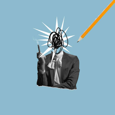 Man in suit smoking with heavy thoughts on blue background. Negative space to insert your text....