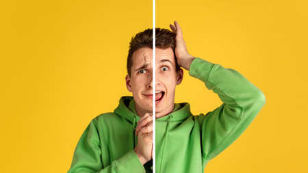 Scared and interested. Fun and creative combination of portraits of young guy with different emotions, various facial expression on splited studio background. Bipolar personality. Copyspace for ad.の写真素材