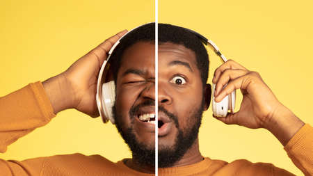 Scared and shocked. Fun and creative combination of portraits of young guy with different emotions,...