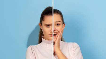 Offended and cheerful. Fun and creative combination of portraits of young girl with different...