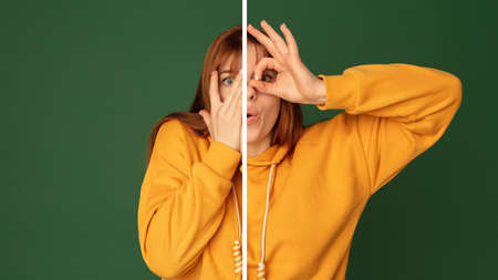 Scared and interested. Fun and creative combination of portraits of young girl with different...