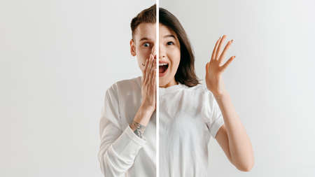Shocked man, astonished woman. Fun and creative combination of portraits of young people with...