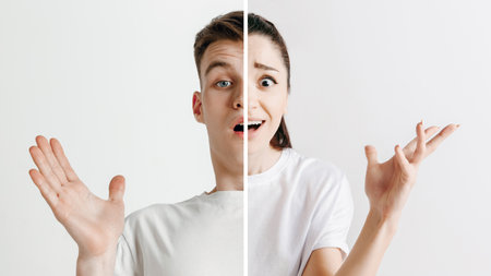 Arrogant man, astonished woman. Fun and creative combination of portraits of young people with...