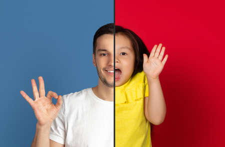 Contented man and agressive girl. Fun and creative combination of portraits of young people with different emotions, various facial expression on splited multicolored background. Copyspace for ad.の写真素材
