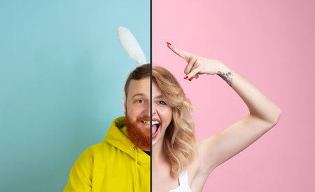 Smiling man and rocking woman. Fun and creative combination of portraits of young people with...
