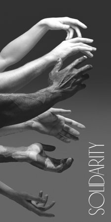 Solidarity. African and caucasian hands gesturing on gray studio background. Tolerance and equality,...